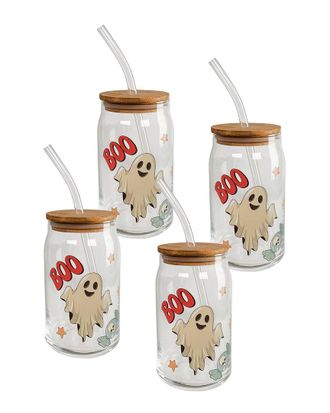 10 Strawberry Street Set Of 4 Retro Boo Glass Tumblers With Straws & Lids