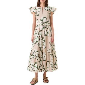 Akris Papercut Floral Print Belted Cotton Dress in Beige-Cream-Olive at Nordstrom, Size 12