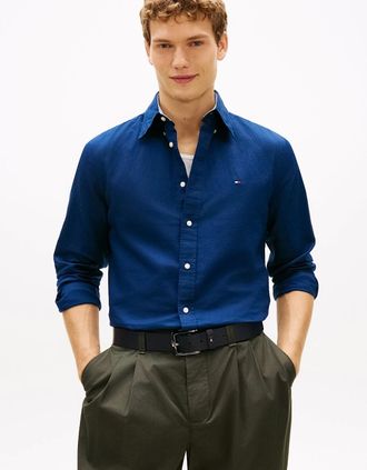 Tommy Hilfiger Mens Tommy Hilfiger Linen Blend Solid Mens Long Sleeve Shirt - Carbon Navy - Size: 38