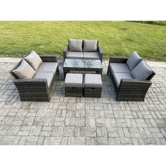 Fimous Outdoor u Shape Sofa Set Wicker pe Rattan Garden Furniture Set with Coffee Table Double Seat Sofa 2 Small Footstools Dark Grey Mixed - Fimous