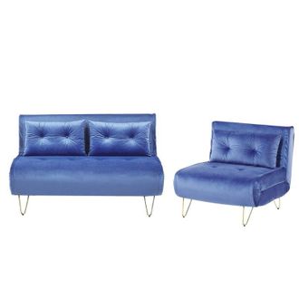 Beliani Conjunto De Sala De Estar 3 Plazas De Terciopelo Azul Marino Dorado Cojines Vestfold