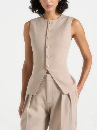 Mani&egrave;re De Voir Maisie Tailored Crew Neck Cinch Waistcoat in Taupe at Nordstrom, Size 10