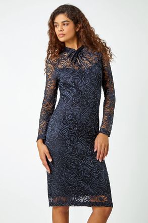 Roman Glitter Lace Twist Neck Stretch Dress