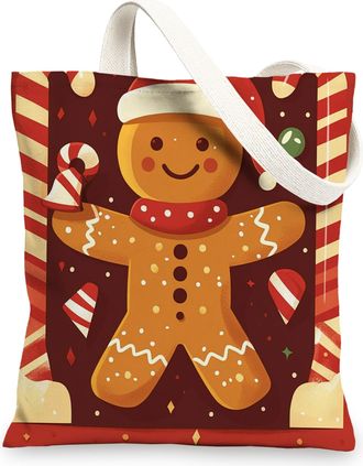 Generic Vintage Christmas Gingerbread man Canvas Tote Bag for Shopping 13x15, Kid Xmas Candy Reusable Grocery Print Pattern Bag for Women, Holiday New Year Be