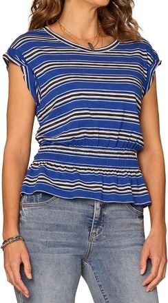 Democracy Roll Cuff Cap Sleeve Top In Blue Multi