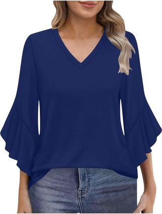 Generic Womens Blouses 3/4 Bell Sleeve Tunic Tops Casual Dressy V Neck Blouses Chiffon Shirt Vintage Floral Print T Shirt Lightweight Loose Casual Tees Office