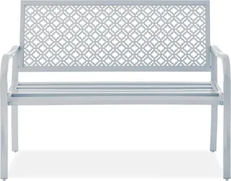 Best Choice Products Indoor Outdoor Steel Garden Bench w/ Geometric Backrest, Foot Levelers