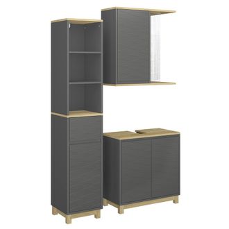 Vicco Conjunto De Muebles De Ba&ntilde;o Livia, Antracita/roble, 3 Partes, Con Unidad Alta