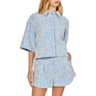 endless rose Embroidered Crop Cotton Blend Button-Up Shirt in Blue at Nordstrom, Size X-Small