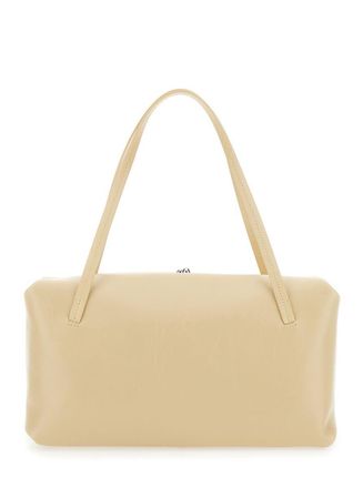 Jil Sander Goji Pillow Beige Shoulder Bag With Clasp Closure And Logo Lettering On The Front In Leather Woman