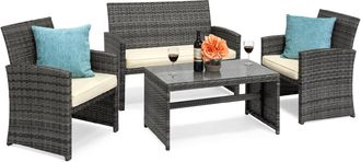 Best Choice Products 4-Piece Outdoor Wicker Patio Conversation Furniture Set w/ Table, Cushions