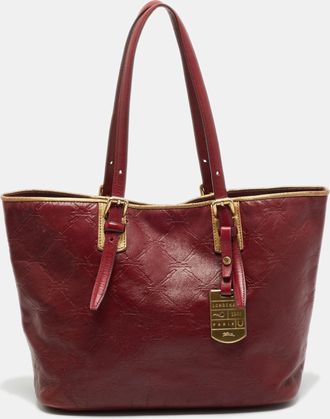 Longchamp Lm Cuir Burgundy/gold Logo Embossed Leather Tote