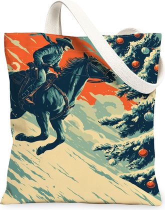 Generic Winter Rustic Canvas Tote Bags, Horse Rider Winter Scene Reusable Grocery Bags, Vintage Lightweight Washable Shoulder Strap, Beige, 13x15 Inch