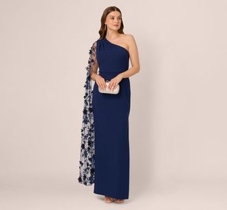 Adrianna Papell One Shoulder Floral Cape Sleeve Dress In Navy Sateen