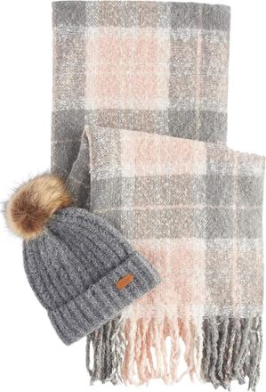 Barbour SALTBURN Beanie & Tartan Scarf Ladies Gift Set, Grey & Pink