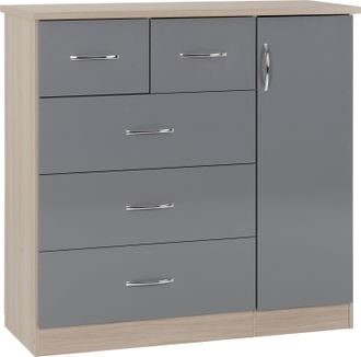 Seconique NEVADA 5 DRAWER LOW WARDROBE - GREY GLOSS/LIGHT OAK EFFECT VENEER - SECONIQUE | TJ Hughes