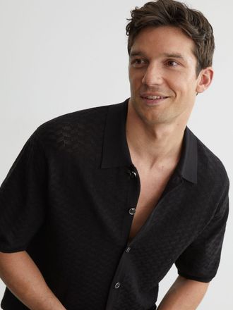 Reiss Black Textured-knit Button-through Shirt, Xxl