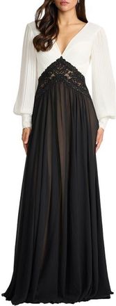 Tadashi Shoji Pleated Bodice Long Sleeve Gown in Ivory/black at Nordstrom, Size 14