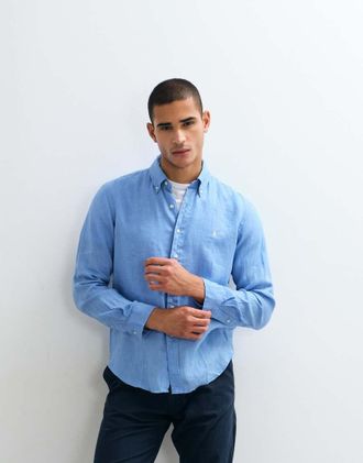 Polo Ralph Lauren camicia in lino a maniche lunghe custom fit blu