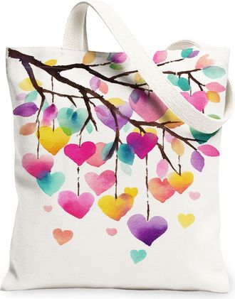 Generic Heart Branch Canvas Tote Bags, Colorful Love Pattern Reusable Grocery Bags, Spring Floral Lightweight Washable Shoulder Str, White, 13x15 Inch