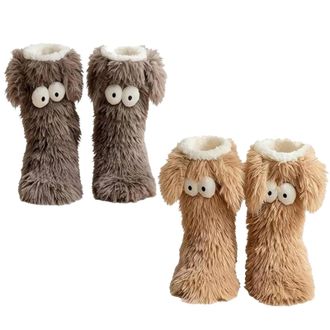 Generic Muffle Friends Cozy Socks, Womens Winter Fuzzy Non-Slip Slipper Socks with Cute Big Eyes, Ultra Soft Warm Home Socks (Gray+Coffee)