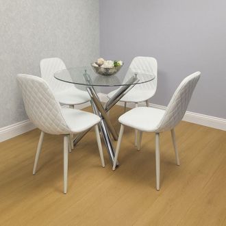 Kosy Koala Modern Round Clear Glass Dining Table With 4 White Gem Pattern Chairs Dining Room Furniture