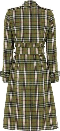 Burberry Womens Stretch Linen Plaid Trench Coat Green Elastane