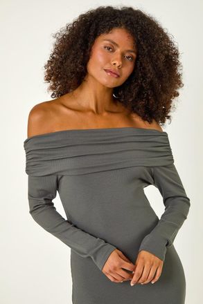 DUSK Off The Shoulder Stretch Bardot Midi Dress