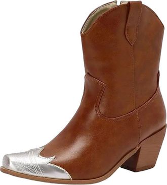 Generic Womens Western Cowboy Ankle Booties Square Toe High Block Heel With Side Zipper For Leisure And Casual Wear