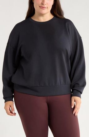Zella Soft Luxe Boxy Knit Crew Sweatshirt in Black at Nordstrom, Size 2X