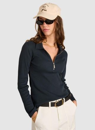 Baukjen Cotton Zip Collar Ribbed Top in Classic Navy at Nordstrom, Size 14