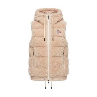 Moncler Jassen, Dames, Beige, XS, Polyester, Teddy Gilet met capuchon