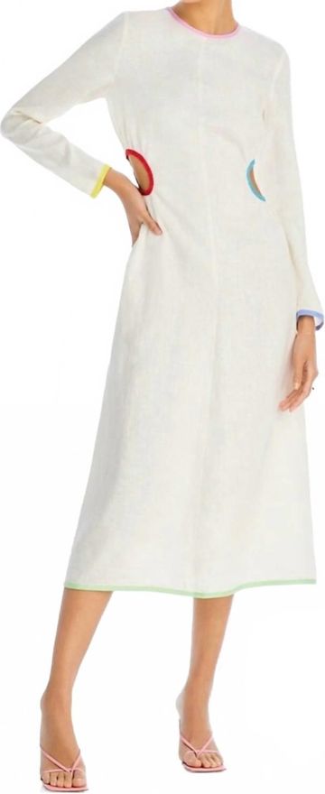 Thierry Linen Midi Dress In Macadamia Rainbow Piping