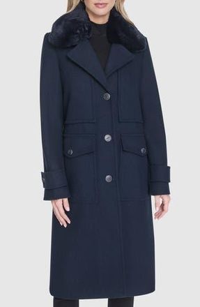 Andrew Marc Faux Fur Collar Wool Blend Coat in Ink at Nordstrom Rack, Size Medium