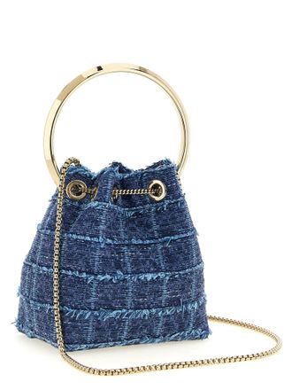 Jimmy Choo London Womens Denim Drawstring Bucket Bag Blue Fabric Brass