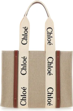 Chlo&eacute; Womens Handbag Woody Medium Beige Linen Tote Bags