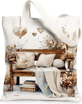 Generic Rustic Floral Canvas Tote Bags, Vintage Flower Pattern Reusable Grocery Bags, Lightweight Washable Shoulder Strap Canvas Fo, Beige, 13x15 Inch