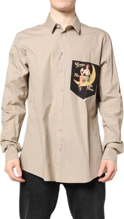 Dolce & Gabbana Beige Pin Up Print Martini Men Casual Shirt Cotton