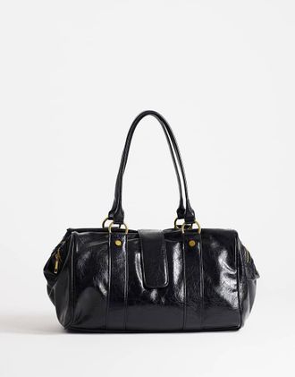 Topshop borsa bowling a spalla nera con dettaglio hardware medio a stella-Nero