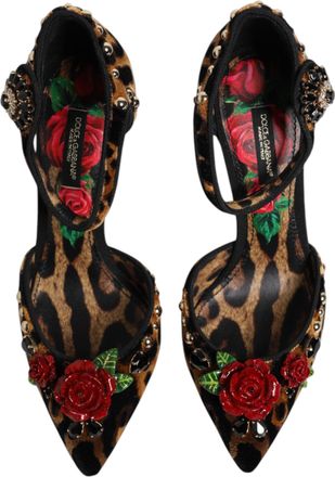 Dolce & Gabbana Womens Brown Leopard Crystal Roses Pumps Shoes Cotton Viscose