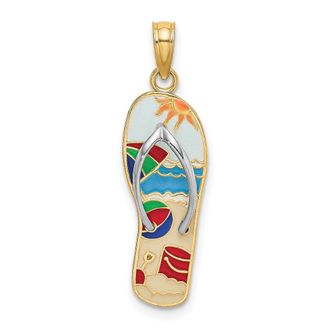 Diamond2Deal 14k Yellow Gold Rhodium Multi-Colored 3D Enamel Beach Scene On Flip-Flop Charm