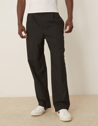 Asos Pantaloni eleganti ampi neri con motivo gessato e vita elasticizzata in coordinato-Grigio