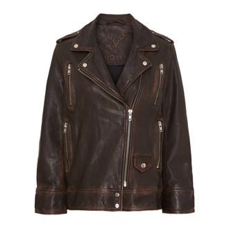 Notyz Oversized Biker Skind Walnoot Zilveren Jas - Dames - Leren en Su&egrave;de Jassen - Bruin - M - Leer - Jassen