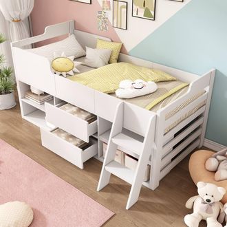 Merax 3ft Single Wood Mid Sleeper Bed with Storage Drawers & Shelves in White