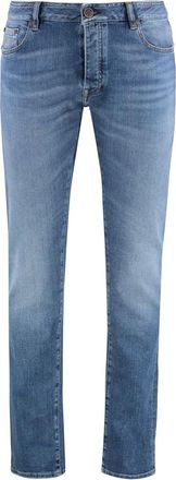 Moorer Slim Fit Jeans met leren logo - Heren - Slim Fit Jeans - Blauw - W33 - Katoen - Jeans