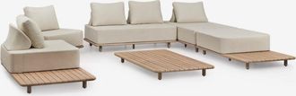 Sklum Conjunto De Sal&oacute;n Con Sof&aacute; Modular Chaise Longue 3 Piezas, Mesa Auxiliar, 2 Sillones Y Mesa De Centro 160x95 Cm En Acacia Portet Sklum