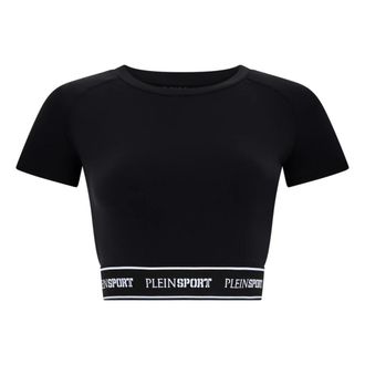 Plein Sport Fleece Cropped T-Shirt - Dames - Sportshirts - Zwart - M - Katoen - Fitness