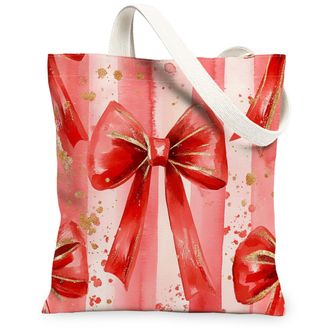 Generic Christmas Ribbon Canvas Tote Bags, Festive Bow Pattern Reusable Shopping Bags, Holiday Chic Lightweight Washable Shoulder Strap Canvas for Travel Outd
