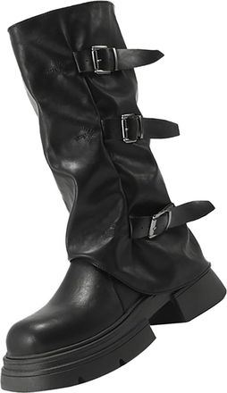 Generic Winter Warm Low Heel Knight Boots, Womens Fold Over Slouchy Calf Wide Fit Boots Low Heel Mid-Calf Round Toe Booties Thick Bottom Chunky Heels Pull On 