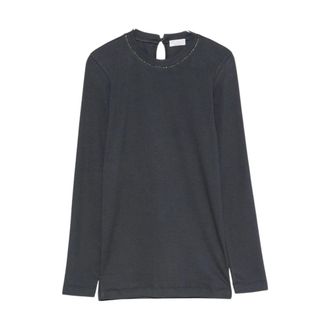 Brunello Cucinelli Ribbed Jersey Top met Monili - Dames - Tops - Blauw - Maat: M Jersey